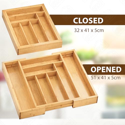 ABOUT SPACE Expandable Bamboo Kitchen Drawer Organisers with Trays Dividers For Kitchen Storage, Cutlery Tray for Stationery, Cosmetics with Compartments (L 32.5-51.5 x B 41 x H 5 cm) - Image 4