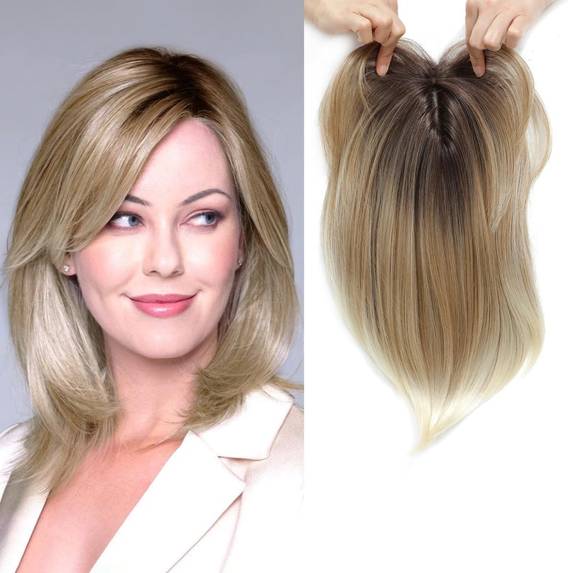 MORICHY Short Bob Hair Toppers 12 Hair Toppers for Women with Bangs Clip in Hair Pieces for Thinning HairHair Loss Wiglets with Fringe Ombre Blonde with Light Tail Color 3 color tone