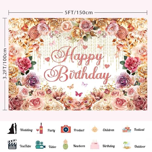 LDWLYW Flower Happy Birthday Banner Backdrop for Women Floral Birthday Party Decorations Rose Gold Pink Flowers Theme Photography Background Fabric Wall Decor Photo Booth 5x3ft - Image 3