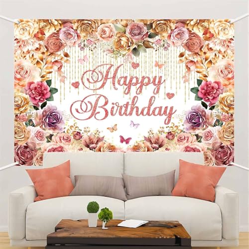 LDWLYW Flower Happy Birthday Banner Backdrop for Women Floral Birthday Party Decorations Rose Gold Pink Flowers Theme Photography Background Fabric Wall Decor Photo Booth 5x3ft - Image 4