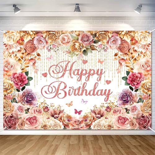LDWLYW Flower Happy Birthday Banner Backdrop for Women Floral Birthday Party Decorations Rose Gold Pink Flowers Theme Photography Background Fabric Wall Decor Photo Booth 5x3ft - Image 1