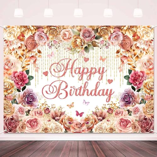 LDWLYW Flower Happy Birthday Banner Backdrop for Women Floral Birthday Party Decorations Rose Gold Pink Flowers Theme Photography Background Fabric Wall Decor Photo Booth 5x3ft - Image 2