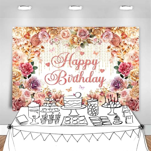 LDWLYW Flower Happy Birthday Banner Backdrop for Women Floral Birthday Party Decorations Rose Gold Pink Flowers Theme Photography Background Fabric Wall Decor Photo Booth 5x3ft - Image 5
