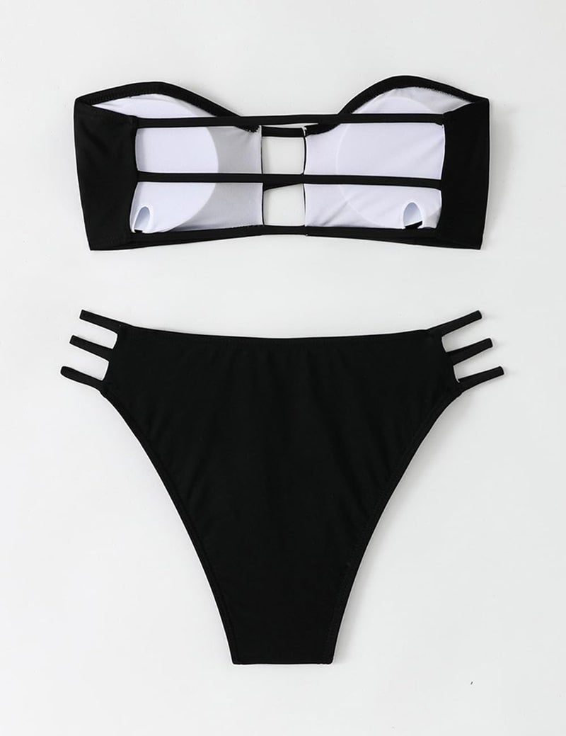 Tainehs Women's Two Piece Strapless Bikini Sets Bandeau Cutout Swimsuit High Cut Bathing Suits Black - Image 4