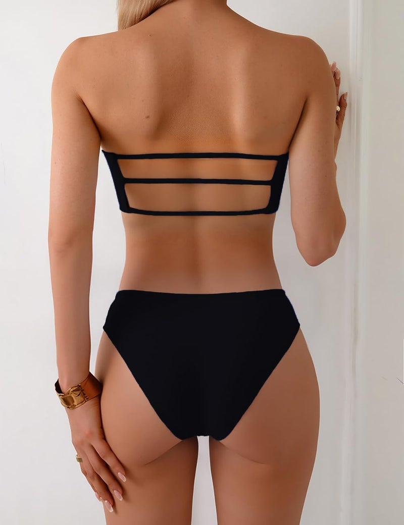 Tainehs Women's Two Piece Strapless Bikini Sets Bandeau Cutout Swimsuit High Cut Bathing Suits Black - Image 2
