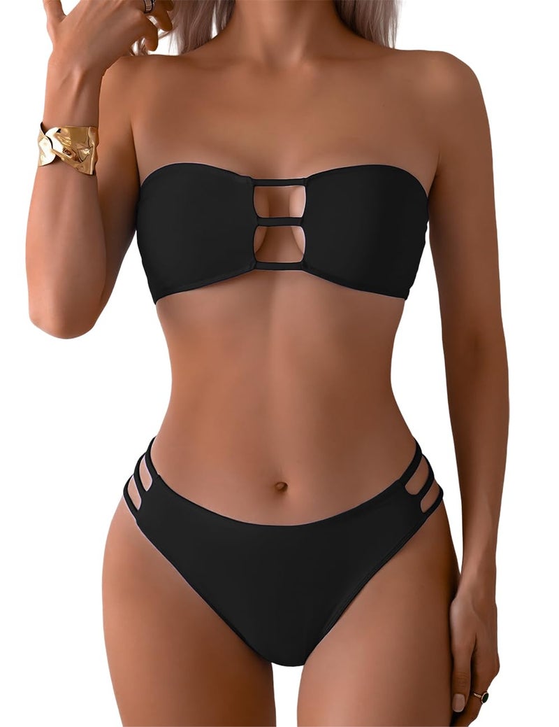 Tainehs Women's Two Piece Strapless Bikini Sets Bandeau Cutout Swimsuit High Cut Bathing Suits Black - Image 1