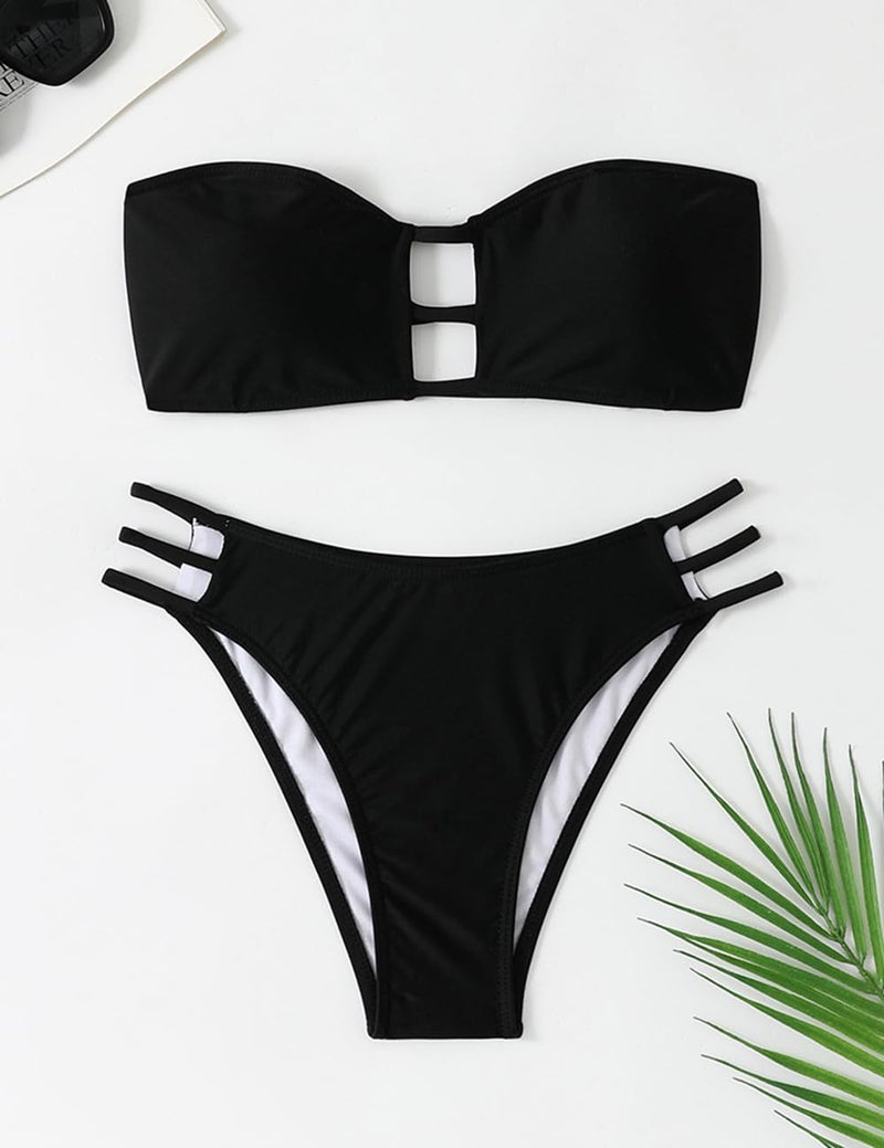 Tainehs Women's Two Piece Strapless Bikini Sets Bandeau Cutout Swimsuit High Cut Bathing Suits Black - Image 3