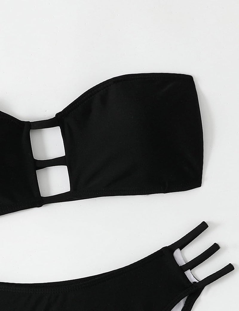 Tainehs Women's Two Piece Strapless Bikini Sets Bandeau Cutout Swimsuit High Cut Bathing Suits Black - Image 5