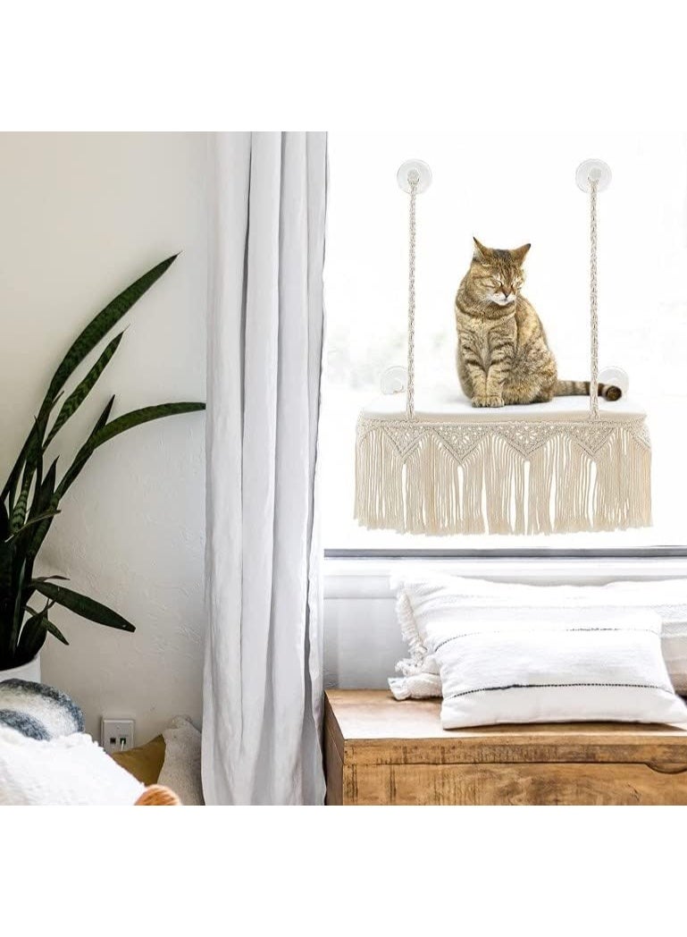 أرجوحة قطط على شكل نافذة، بتصميم بوهو، تُثبّت على الحائط، وتُوفّر مساحةً آمنةً للحيوانات الأليفة. - Image 2