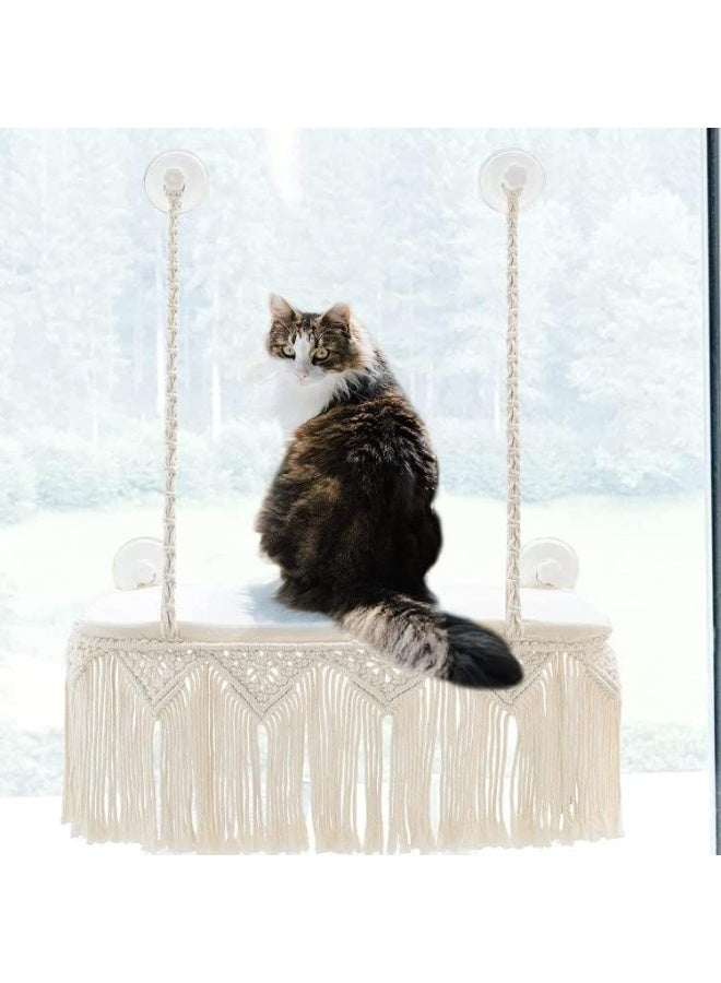 أرجوحة قطط على شكل نافذة، بتصميم بوهو، تُثبّت على الحائط، وتُوفّر مساحةً آمنةً للحيوانات الأليفة. - Image 1
