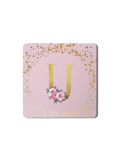 2 Pack Designer Leather Coasters Mat for Beverage Drinks- Custom Monogram Initial Letter Floral Pattern Alphabet - U (Pink)