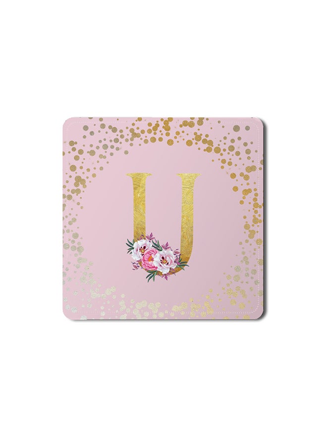 Stylizedd - 2 Pack Designer Leather Coasters Mat for Beverage Drinks- Custom Monogram Initial Letter Floral Pattern Alphabet - U (Pink) - Image 1