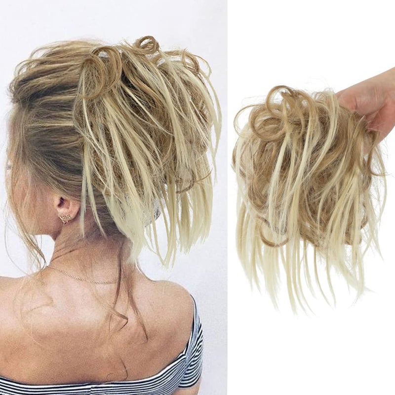 KETHBE KETHBE Messy Bun Hair PieceSynthetic Tousled updo Hair Buns Hair Piece Short Ponytail Faux Hair Scrunchie with Elastic Rubber Band Hair Bun Pieces for Women Light Golden Brown Mix Bleach Blonde 