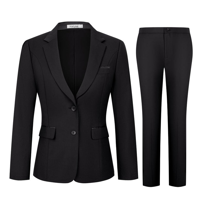 Kelyaa Womens 2 Piece Suit Lady 2 Button Notched Lapel Business Work Office Slim Fit Blazer Jacket Pants Set Black