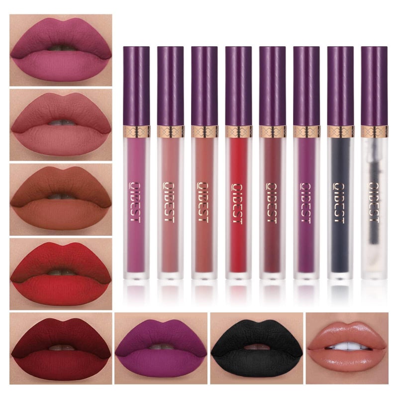 QiBest 7Pcs Matte Liquid Lipstick wiith 1Pc Lip Plumper Makeup Set, Dark Black Purple Lipstick Goth Halloween Lip Set Waterproof Lip Gloss Kit Pigmented Long Lasting Lipstick Makeup for Women & Girls - Image 1