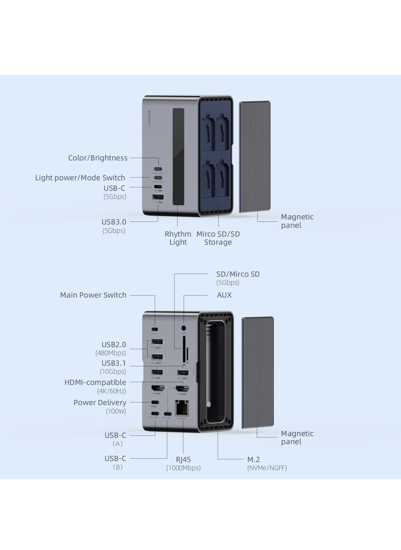 Hagibis - Hagibis USB C Docking Station with Dual HDMI-compatible M.2 SSD Enclosure Ethernet 100W PD USB Hub SD/TF for Laptop Macbook Pro (U100 PRO) - Image 1