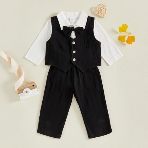 Santikisler Newborn Baby Boy Dress Clothes Long Sleeve Romper Shirt Bowtie Waistcoat Suspender Pants Set Suit Fall Outfits (Black, 3-6 Months) - Image 3