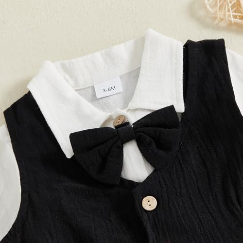 Santikisler Newborn Baby Boy Dress Clothes Long Sleeve Romper Shirt Bowtie Waistcoat Suspender Pants Set Suit Fall Outfits (Black, 3-6 Months) - Image 4