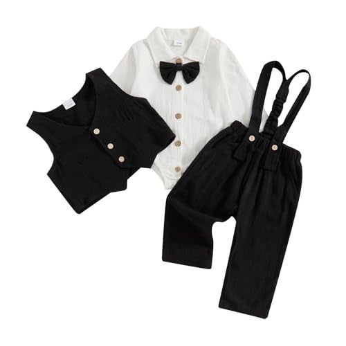 Santikisler Newborn Baby Boy Dress Clothes Long Sleeve Romper Shirt Bowtie Waistcoat Suspender Pants Set Suit Fall Outfits (Black, 3-6 Months) - Image 1