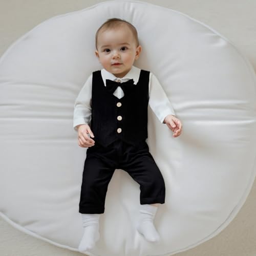 Santikisler Newborn Baby Boy Dress Clothes Long Sleeve Romper Shirt Bowtie Waistcoat Suspender Pants Set Suit Fall Outfits (Black, 3-6 Months) - Image 2