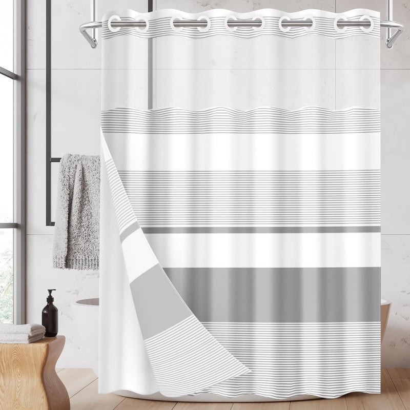 Nesphy No Hook Grey Shower Curtain with Snap in Fabric Liner Set, Boho Striped Modern Double Layers Waterproof Fabric with See Through Top Window Open Grommet Bath Curtain 71x74 Inch - Image 1