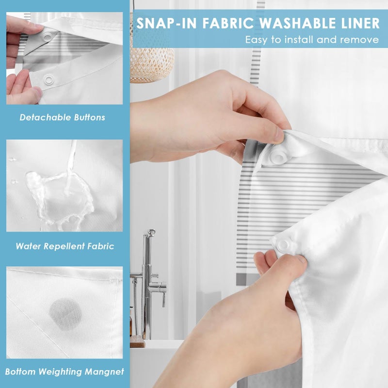 Nesphy No Hook Grey Shower Curtain with Snap in Fabric Liner Set, Boho Striped Modern Double Layers Waterproof Fabric with See Through Top Window Open Grommet Bath Curtain 71x74 Inch - Image 3