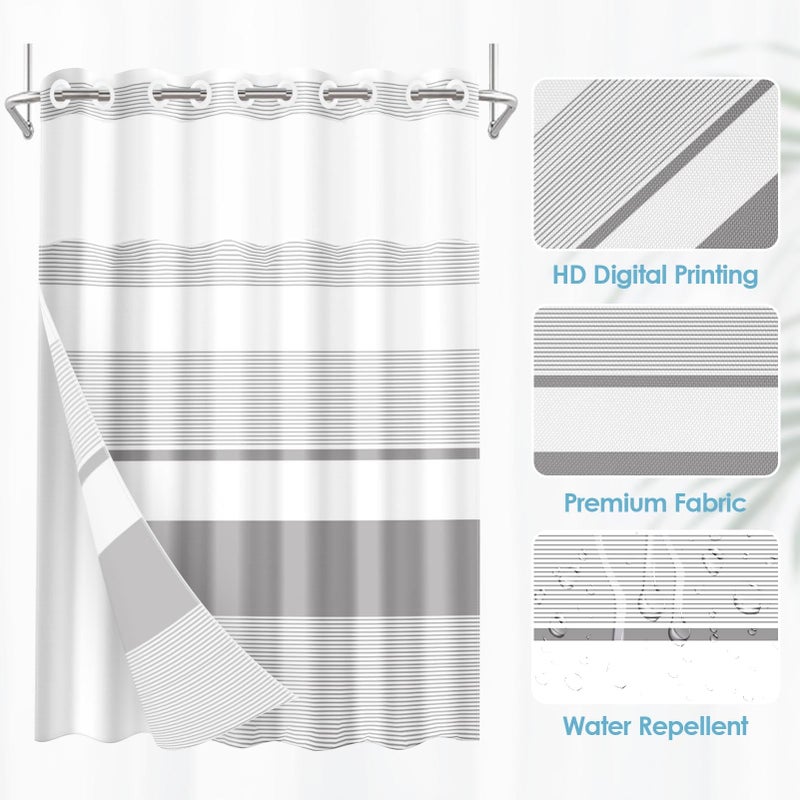 Nesphy No Hook Grey Shower Curtain with Snap in Fabric Liner Set, Boho Striped Modern Double Layers Waterproof Fabric with See Through Top Window Open Grommet Bath Curtain 71x74 Inch - Image 2