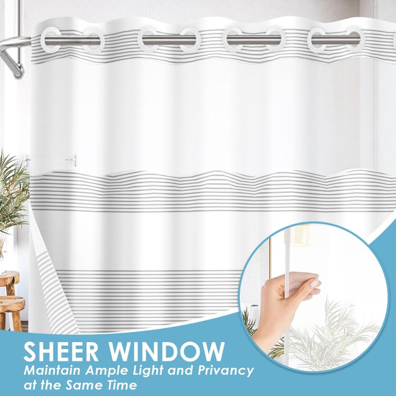Nesphy No Hook Grey Shower Curtain with Snap in Fabric Liner Set, Boho Striped Modern Double Layers Waterproof Fabric with See Through Top Window Open Grommet Bath Curtain 71x74 Inch - Image 4