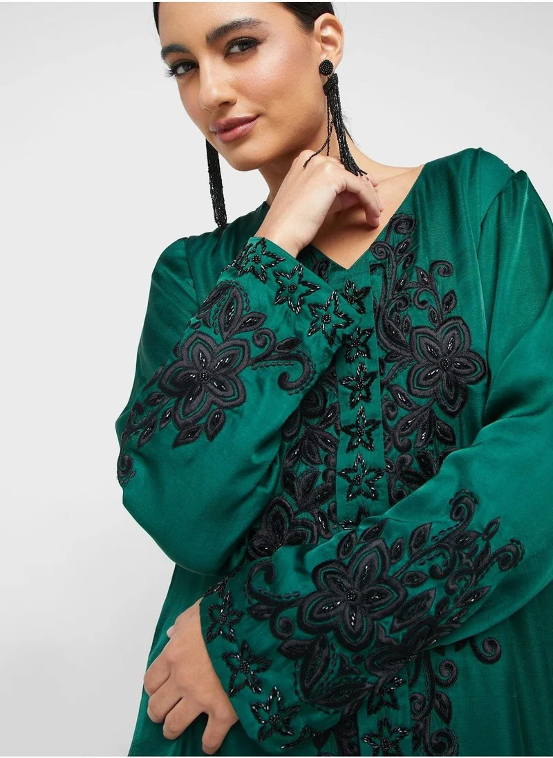 KASHKHA V-Neck Printed Jalabiya