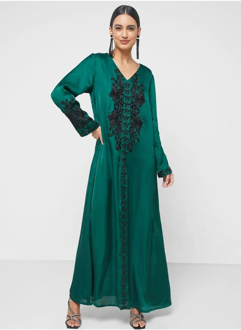 KASHKHA V-Neck Printed Jalabiya