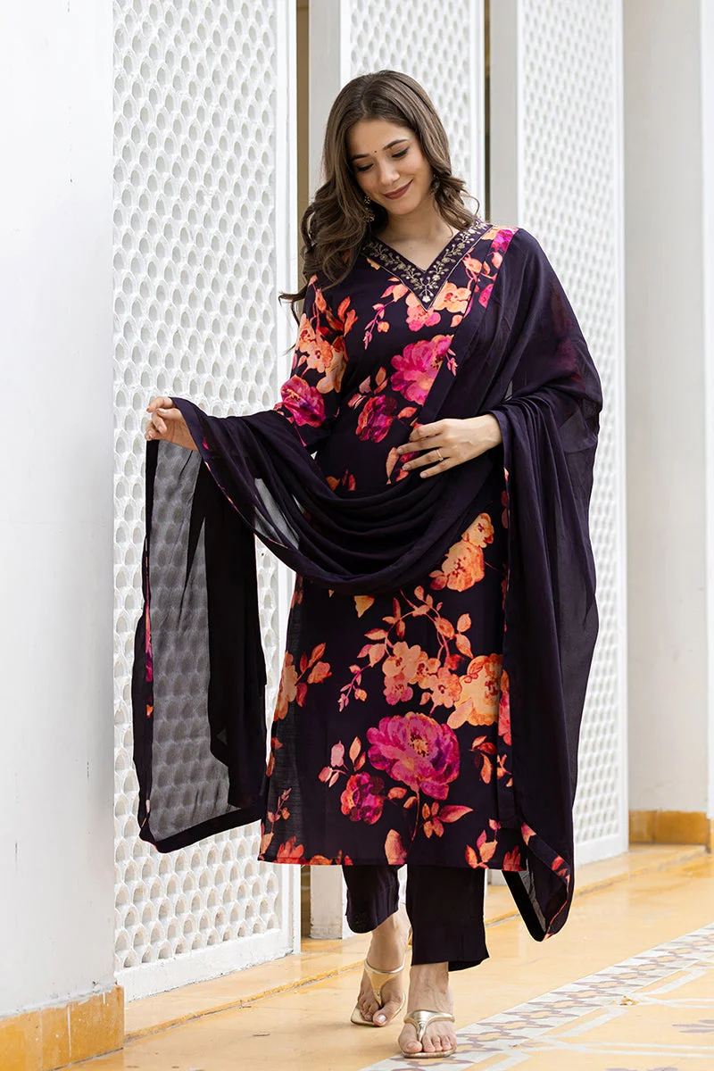 ZERESOUQ Black Rayon Blend Floral Printed Straight Kurta Set