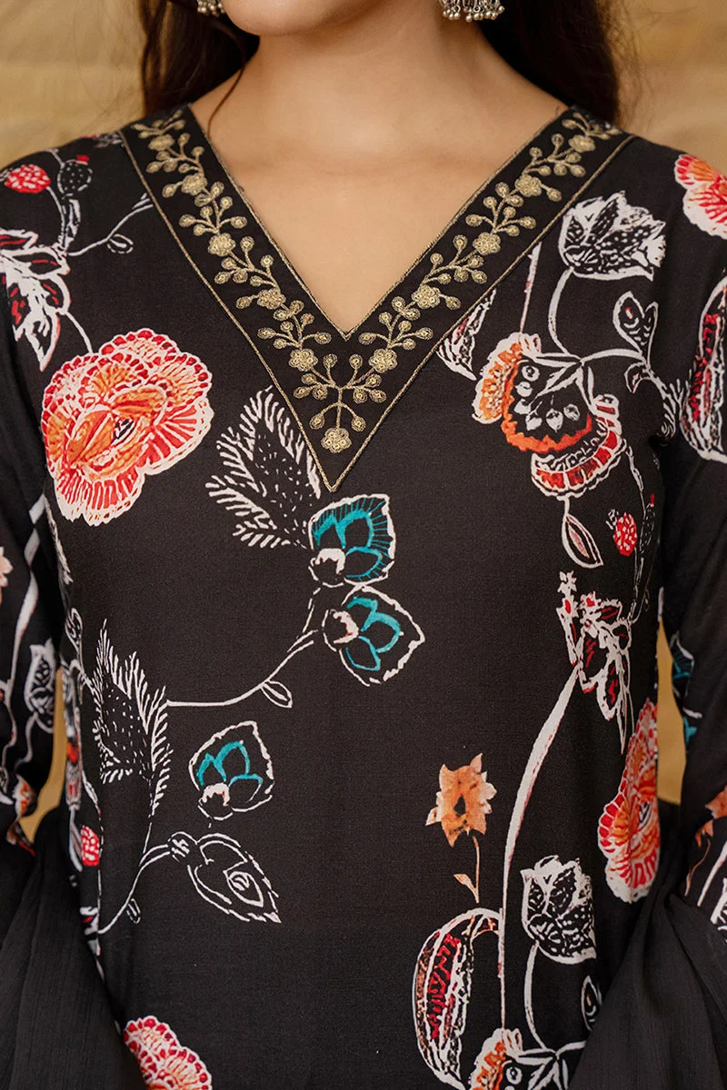 ZERESOUQ Black Rayon Blend Floral Printed Straight Kurta Set