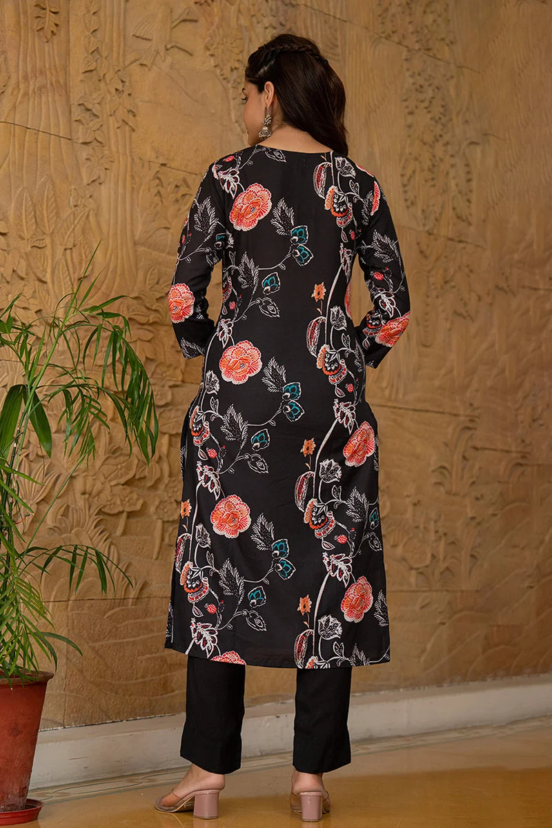 ZERESOUQ Black Rayon Blend Floral Printed Straight Kurta Set