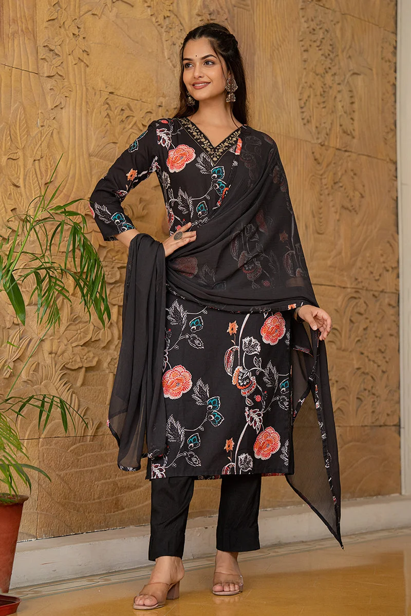 ZERESOUQ Black Rayon Blend Floral Printed Straight Kurta Set