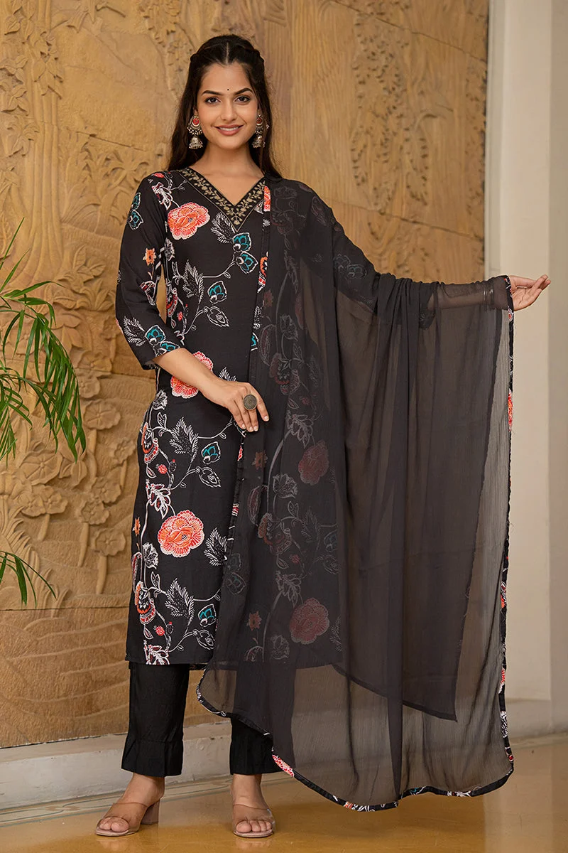 ZERESOUQ Black Rayon Blend Floral Printed Straight Kurta Set
