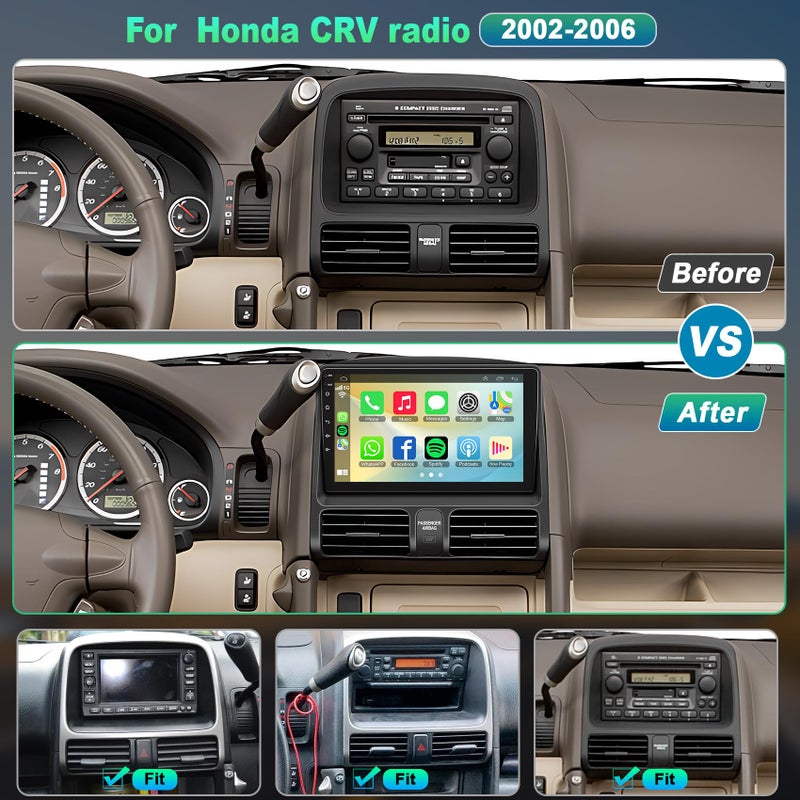 Adapter-Universe 4G+64G Car Radio for Honda CRV 2002 2003 2004 2005 2006, Support Wireless Carplay&Android Auto, Bluetooth/Voice Control/GPS/WiFi/Back-up Camera/SWC/FM, 9 Inch IPS Touch Screen for Honda CRV - Image 2