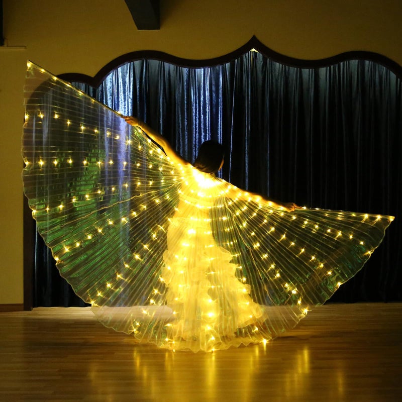 Ragyzity LED Isis Wings Glow Light Up Belly Dance Costumes with Sticks, Led Butterfly Wings,Led Glow Angel Wings, Ideal for Carnival,Stage Party(Adult Yellow) - Image 2