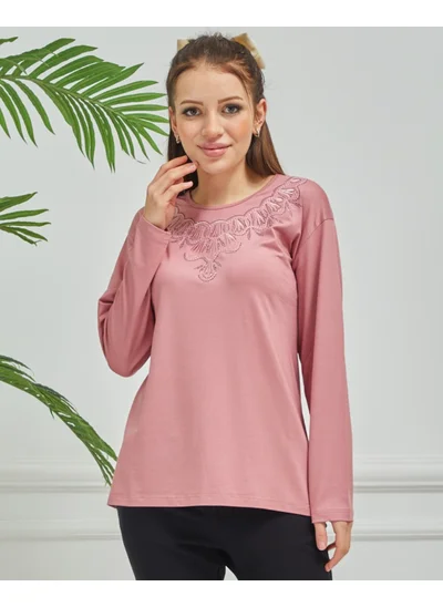 ستيلموني Women's Mother Powder Embroidered Daily Middle Age Combed Cotton Blouse