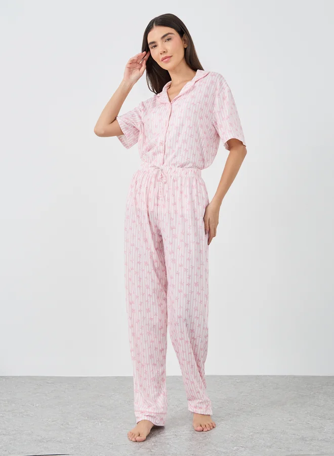 Styli Styli Women Pink Stripe and Bow Print Piped Shirt and Pyjama Set