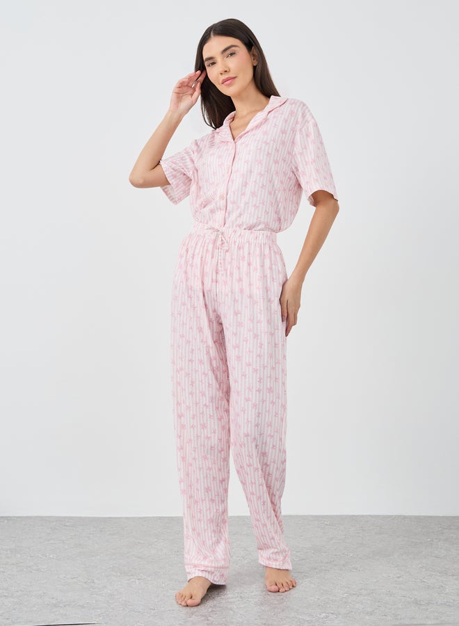 Styli Women Pink Stripe and Bow Print Piped Shirt and Pyjama Set - Image 5