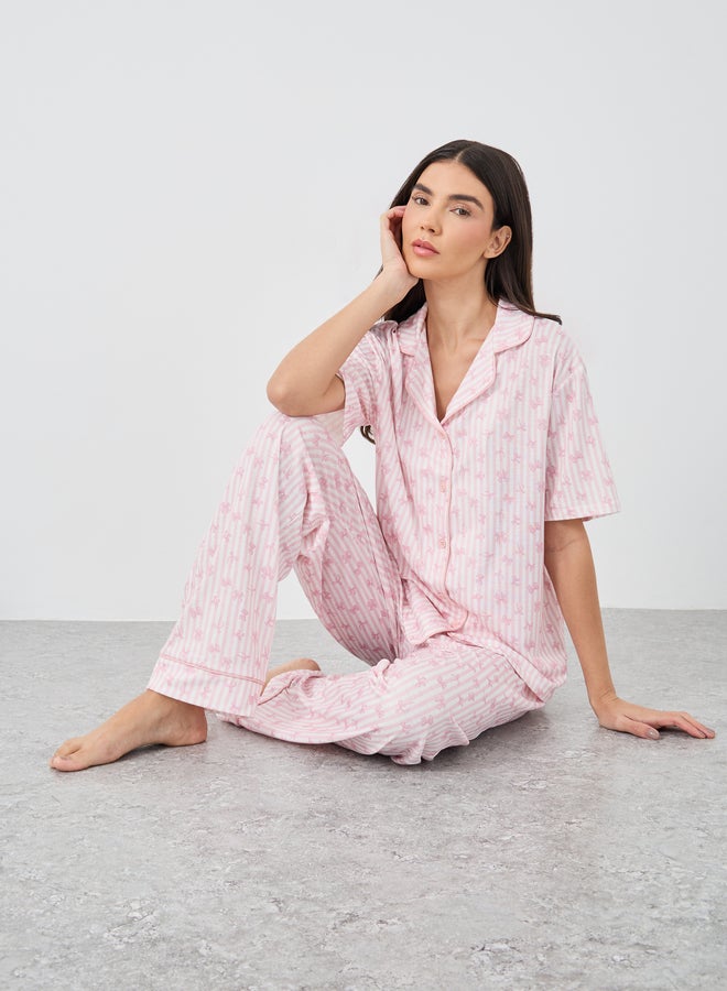 Styli Women Pink Stripe and Bow Print Piped Shirt and Pyjama Set - Image 1