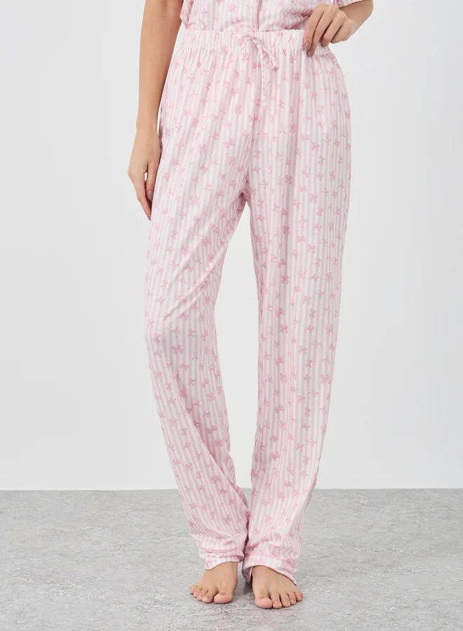 Styli Styli Women Pink Stripe and Bow Print Piped Shirt and Pyjama Set