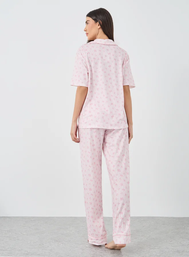Styli Styli Women Pink Stripe and Bow Print Piped Shirt and Pyjama Set