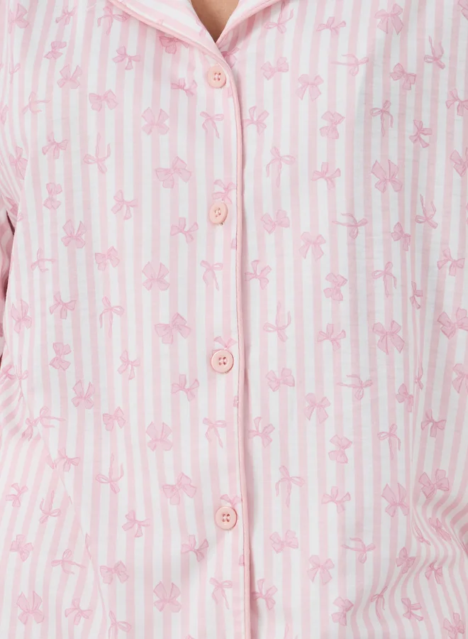 Styli Styli Women Pink Stripe and Bow Print Piped Shirt and Pyjama Set