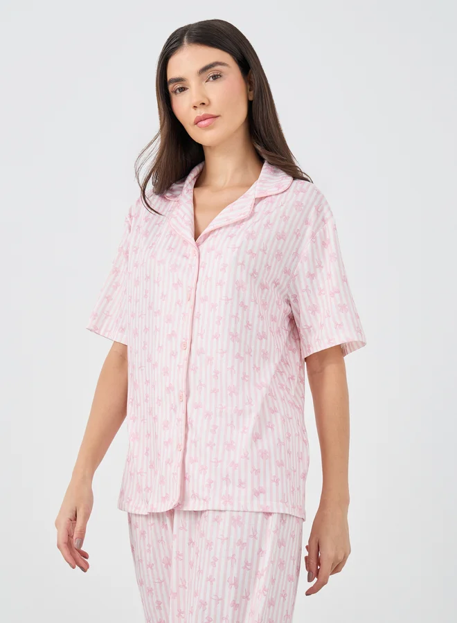 Styli Styli Women Pink Stripe and Bow Print Piped Shirt and Pyjama Set