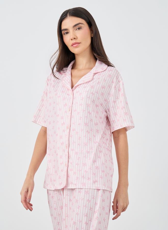 Styli Women Pink Stripe and Bow Print Piped Shirt and Pyjama Set - Image 3