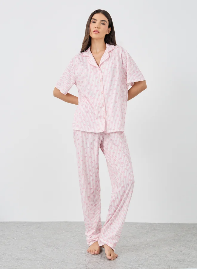 Styli Styli Women Pink Stripe and Bow Print Piped Shirt and Pyjama Set