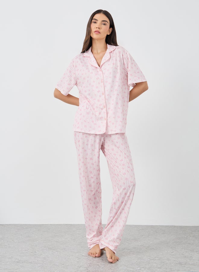 Styli Women Pink Stripe and Bow Print Piped Shirt and Pyjama Set - Image 2