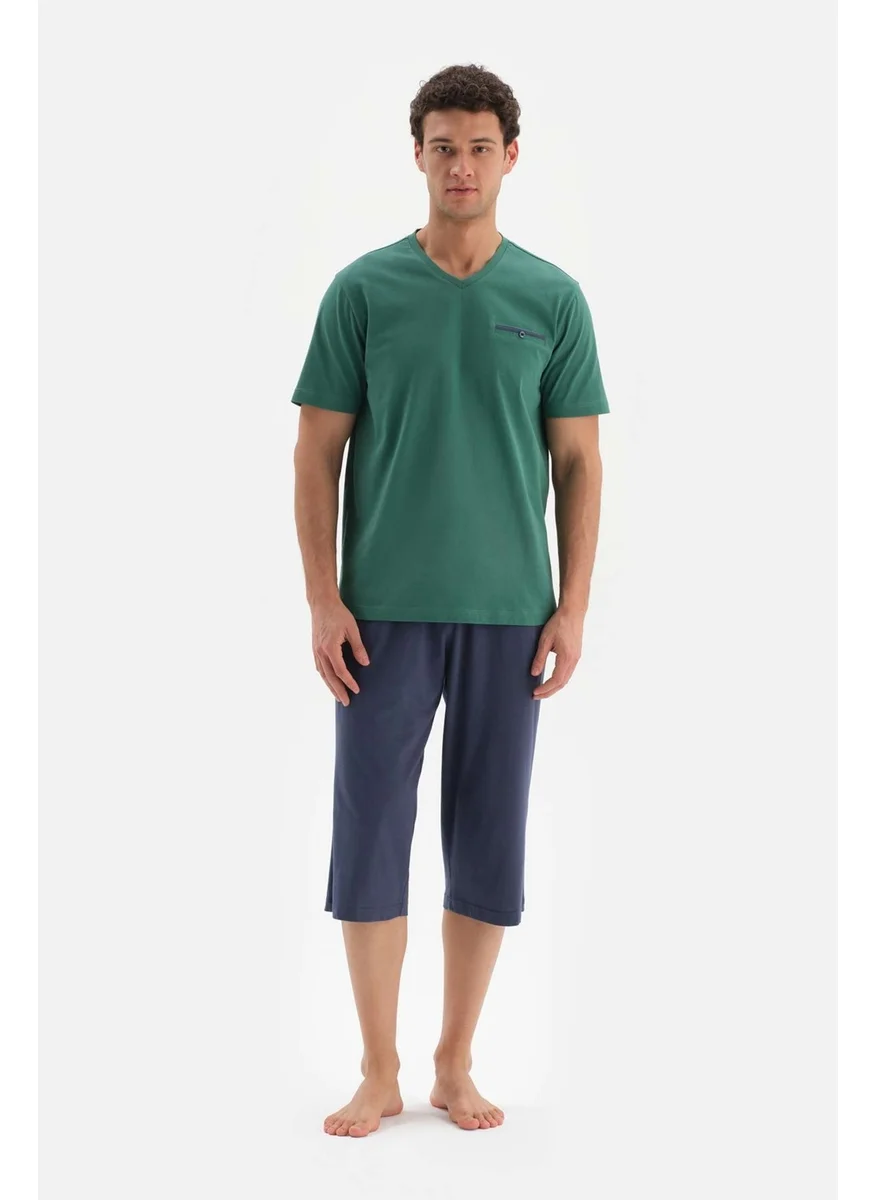 dagi Khaki V-Neck Bottom Capri Knitted Pajama Set