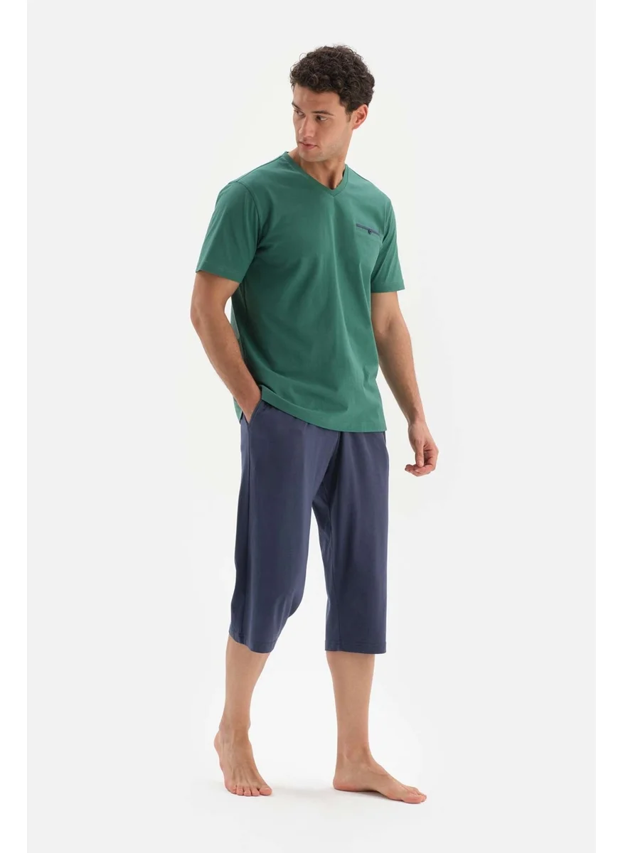 dagi Khaki V-Neck Bottom Capri Knitted Pajama Set